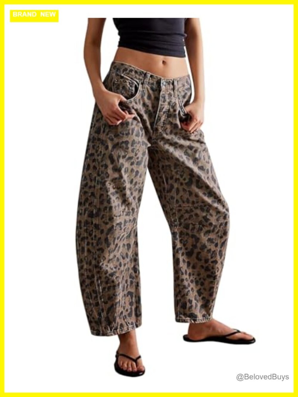 Womens Leopard Barrel Jeans Wide Leg Baggy Boyfriend Mid Rise Denim Ankle Pants
